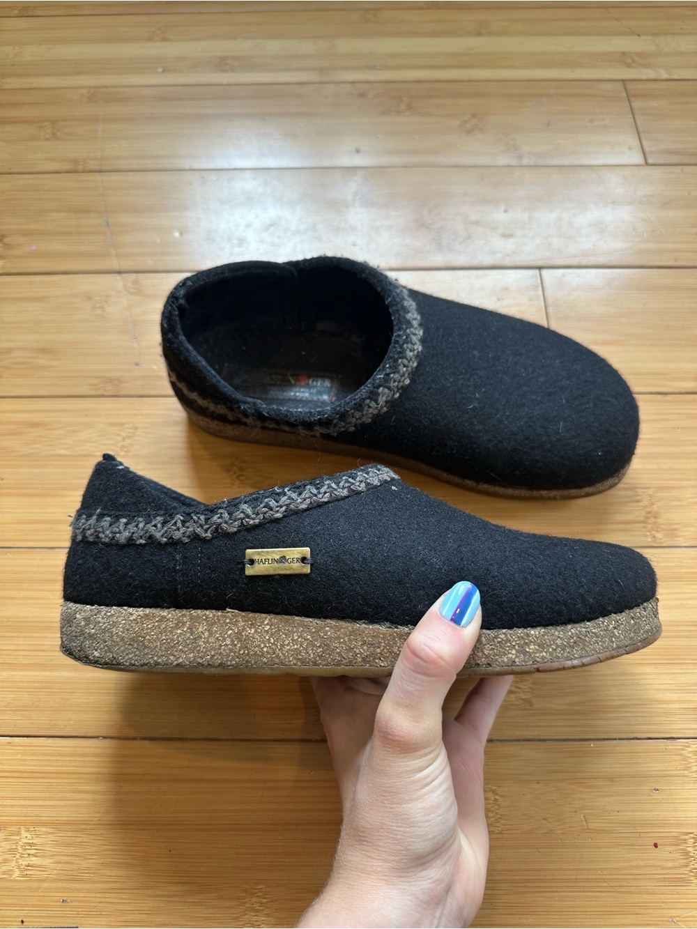 Haflinger Black Wool Slip-On Clog with Cork Sole